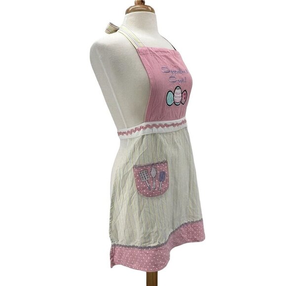 Adult Teen Apron Easter Eggcellent Cook Pink White Stripe EUC - Picture 2 of 14